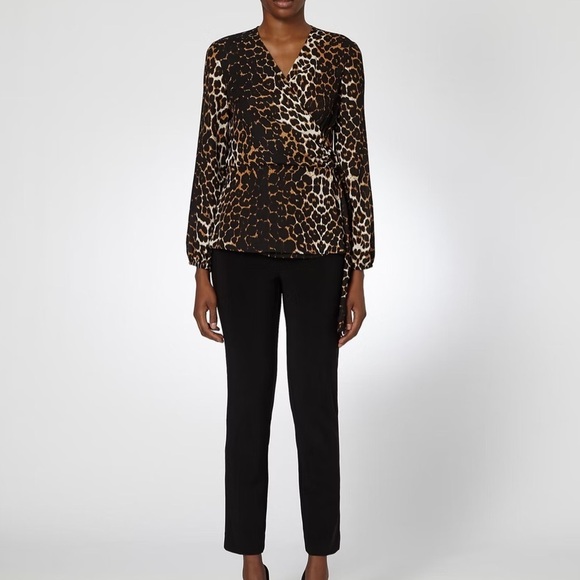 Joseph Ribkoff Leopard Wrap Top D Ring Balloon Sleeves Blouse Brown Size 6 Small - Picture 4 of 15